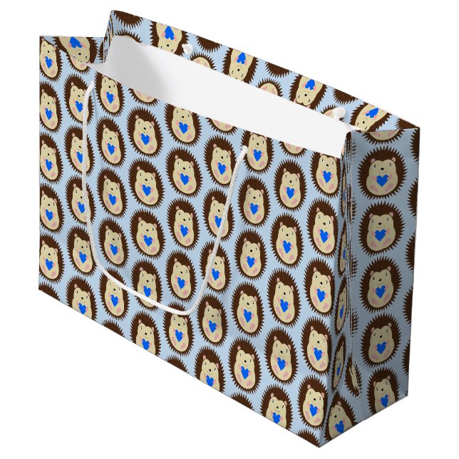 Baby Boy Blue Heart Hedgehog Patterned Large Gift Bag (Front Angled)