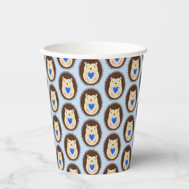 Baby Boy Blue Heart Hedgehog Patterned Paper Cups (Front)