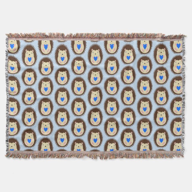 Baby Boy Blue Heart Hedgehog Patterned Throw Blanket (Front)