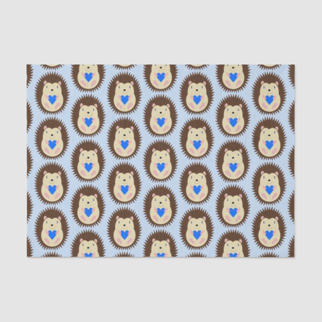 Baby Boy Blue Heart Hedgehog Patterned Tissue Paper (Front)