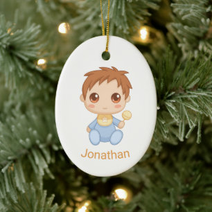 Baby Boy Blue Jumpsuit, Custom Name and Photo Ceramic Ornament