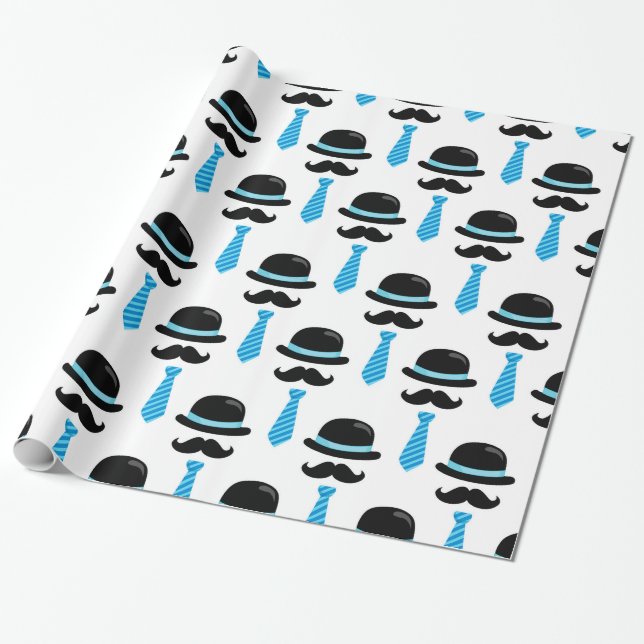Baby Boy Blue Moustache Lil Little Man Cute Wrapping Paper (Unrolled)