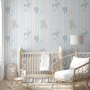 Baby Boy Blue Nursery Teddy Bear Carousel Baloon Wallpaper
