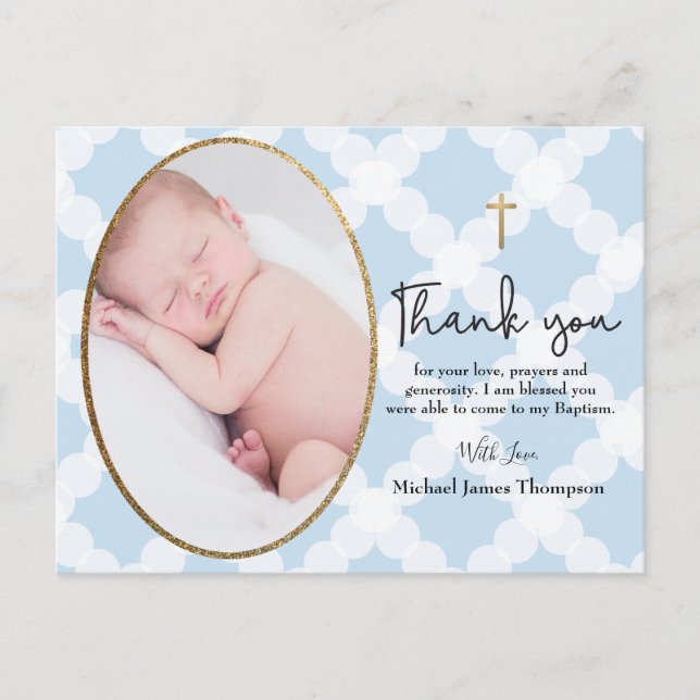Baby Boy Blue Photo Baptism Thank You Postcard (Front)