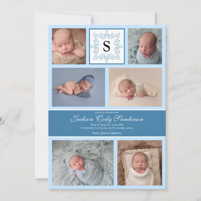 Baby Boy Blue Photo Birth Announcement Monogram (Front)