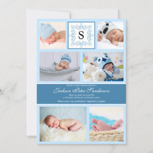 Baby Boy Blue Photo Birth Announcement Monogram