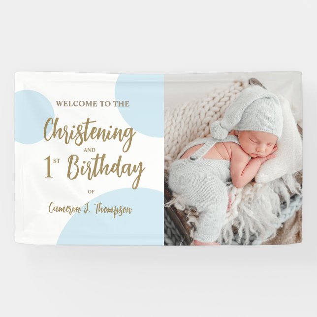 Baby Boy Blue Photo Christening and 1st birthday Banner (Horizontal)