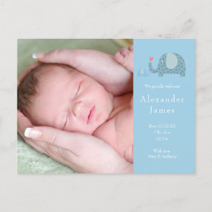 Baby Boy Blue Polka Dot Elephants Photo Birth Announcement Postcard