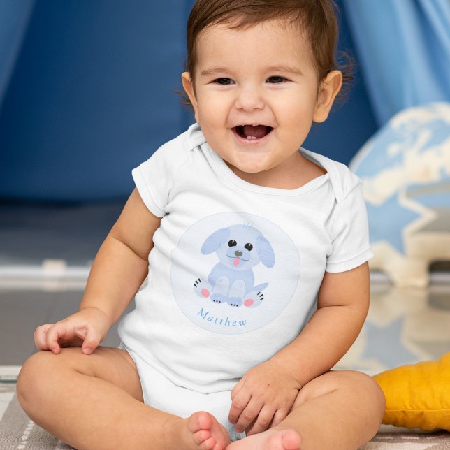 Baby Boy Blue Puppy Personalised Baby Bodysuit (Creator Uploaded)