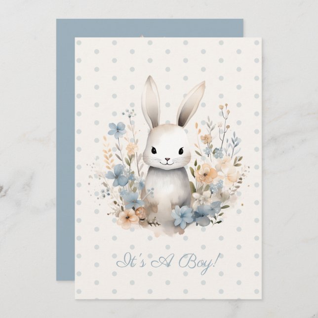 Baby Boy Blue Rabbit and Flowers Baby Shower Invitation (Front/Back)