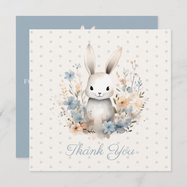 Baby Boy Blue Rabbit and Flowers Baby Shower Thank You Card (Front/Back)