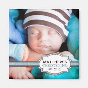 Baby Boy Blue Ribbon Christening Photo Magnet