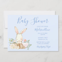 Baby Boy Blue Script Cute Bunny Baby Invitation