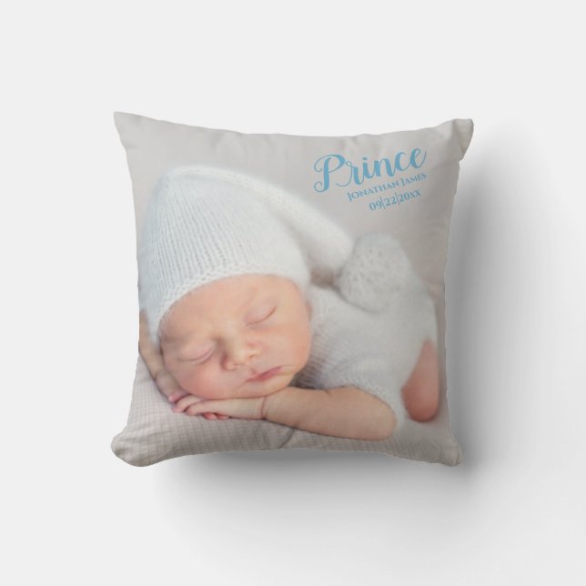 Baby Boy Blue Script Photo Birth Keepsake Nursery Cushion (Front)