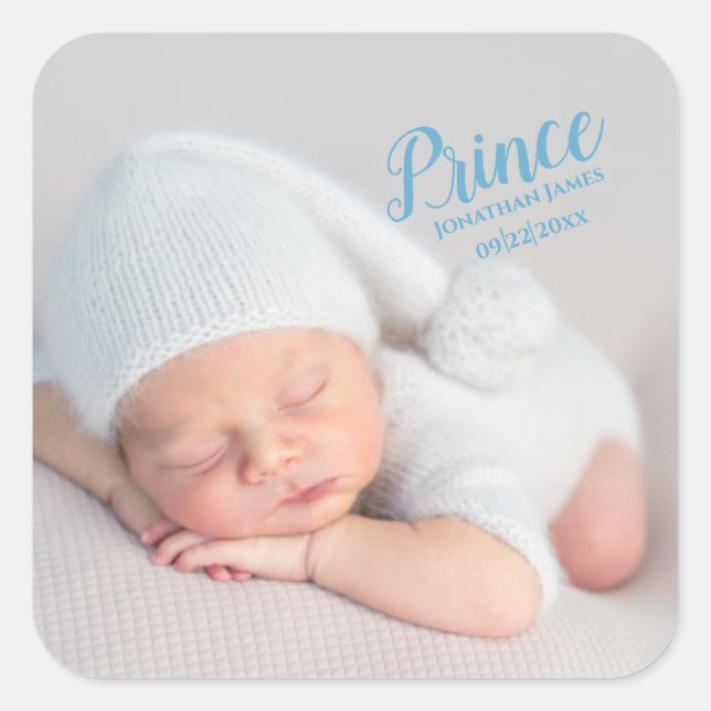Baby Boy Blue Script Photo Birth Keepsake Square Sticker (Front)