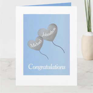 Baby boy blue & silver balloon twin christening card