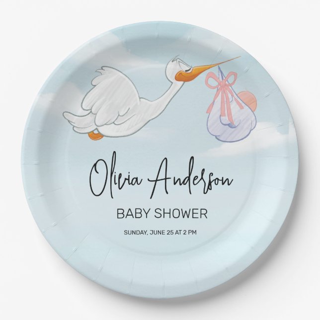 Baby Boy Blue Stork Boho Baby Shower Invitation Paper Plate (Front)