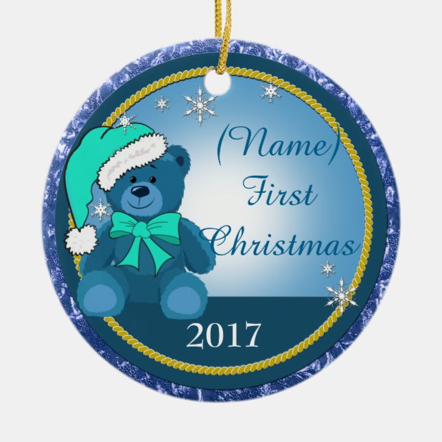 Baby Boy Blue Teddy Bear Personalised Christmas Ceramic Ornament (Front)