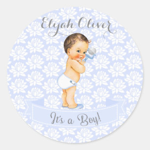 Baby Boy Blue White & Grey Classic Round Sticker