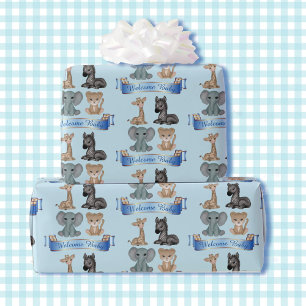 Baby Boy Blue Zoo Animals Add Name Giraffe Zebra Wrapping Paper