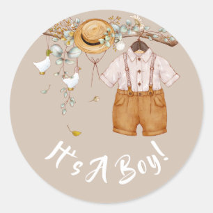 Baby Boy Boho Rustic Country Greenery Classic Round Sticker