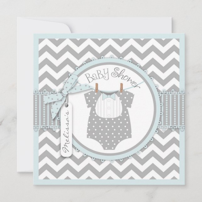 Baby Boy Bow Tie Chevron Print Baby Shower Invitation (Front)