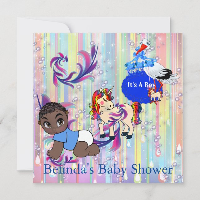 Baby Boy Bubbles & Unicorns Butterfly Invitation (Front)