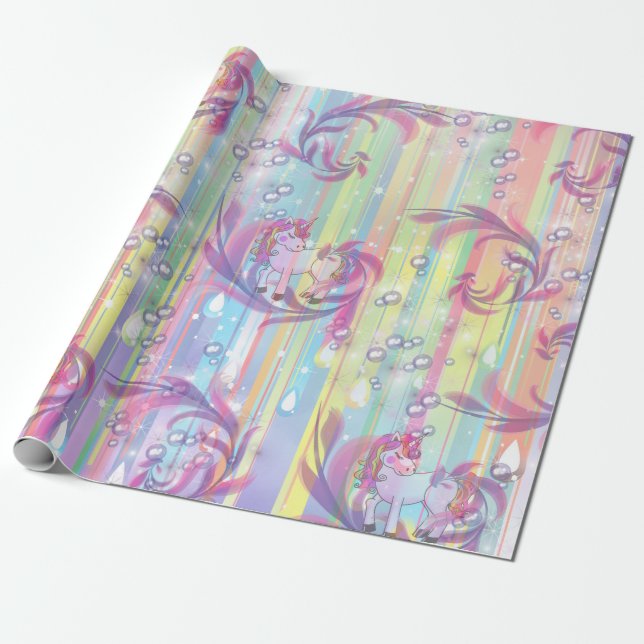 Baby Boy Bubbles & Unicorns Wrapping Paper (Unrolled)