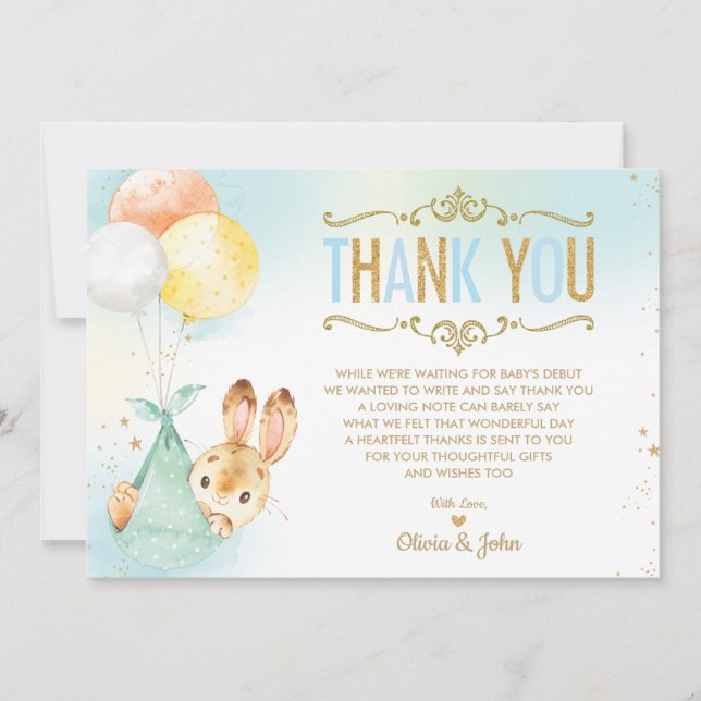 Baby Boy Bunny Balloons Baby Shower Sprinkle Thank You Card (Front)