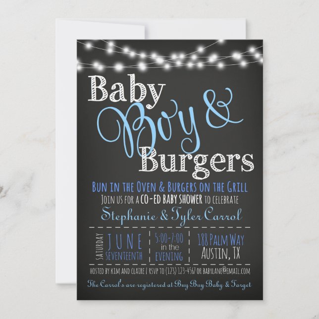 Baby Boy Burgers BBQ Shower Invitation Book Card (Front)