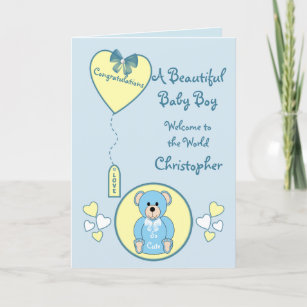 Baby Boy Card teddy bear blue and yellow