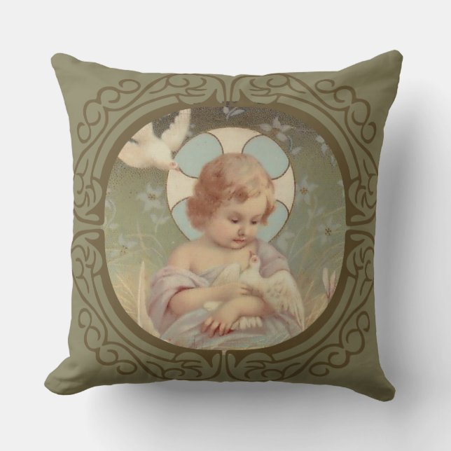 Baby Boy Child Jesus Doves Halo Decorative Border Cushion (Front)