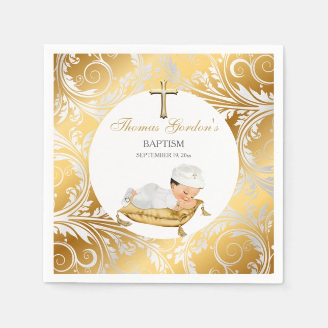 Baby Boy Christening Baptism Gold Silver Napkin (Front)