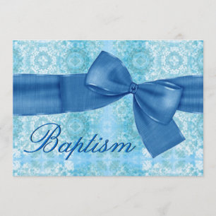 Baby Boy Christening Blue Damask Faux Bow Invitation