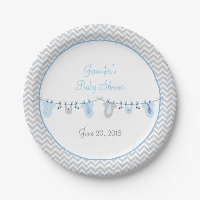 Baby Boy Clothesline Baby Shower Paper Plate (Front)