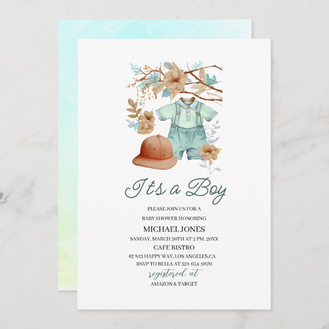 Baby boy cloths watercolor Baby Shower  Invitation (Front/Back)