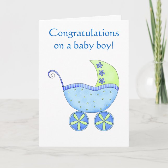 Baby Boy Congratulations Buggy Carriage Blue Card (Front)