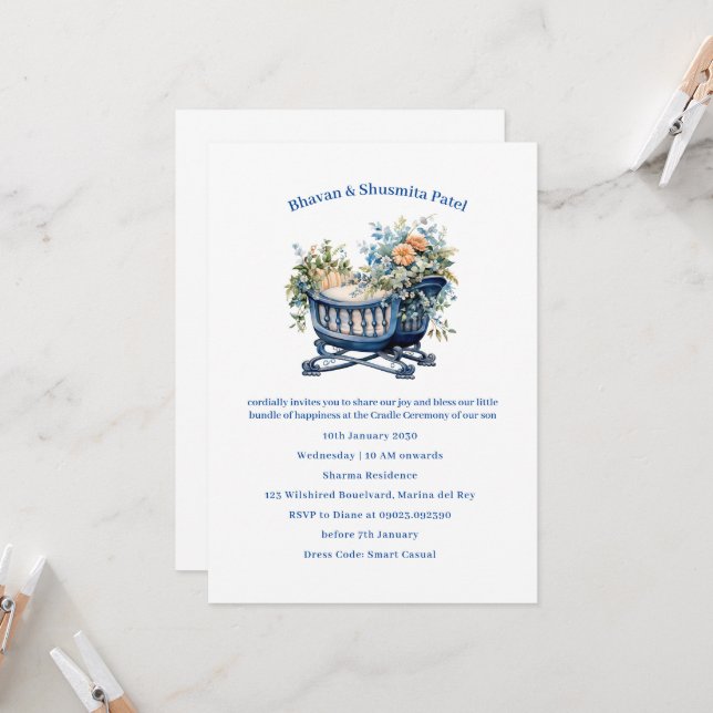 Baby Boy Cradle Ceremony Floral Invitation (Front/Back In Situ)