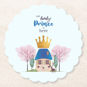 Baby Boy Crowned Blue Gold Fairy Prince Castle Paper Coaster