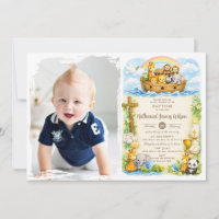 Baby Boy Cute Animals Noah's Ark Baptism Photo