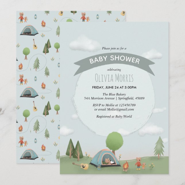 Baby Boy Cute Blue Camping Forest Bear Baby Shower Invitation (Front/Back)