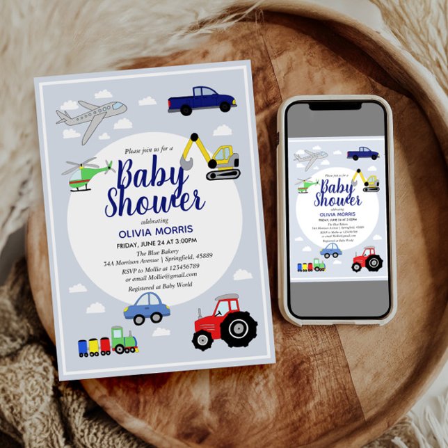 Baby Boy Cute Blue Car Train Transport Baby Shower Invitation (Creator Uploaded)