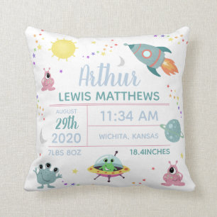 Baby Boy Cute Modern Space Alien Birth Stats  Cushion