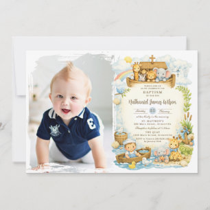 Baby Boy Cute Noah's Ark Baptism Photo Invitation 
