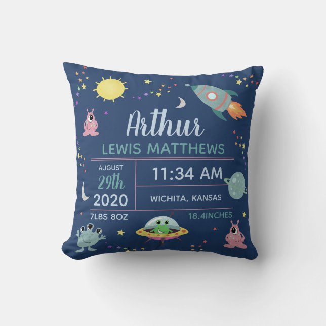 Baby Boy Cute Space Alien Birth Stats Name Cushion (Front)