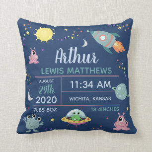 Baby Boy Cute Space Alien Birth Stats Name Cushion