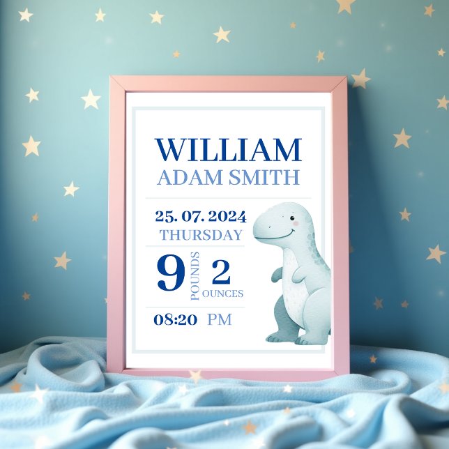 Baby Boy Dinosaur Personalised Birth Announcement Poster (Baby Boy Cute Dinosaur Personalised Birth Announcement Poster )