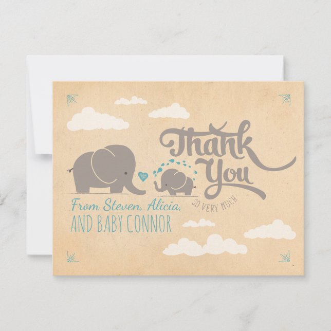 Baby Boy Elephant Baby Shower Thank You Cards (Front)