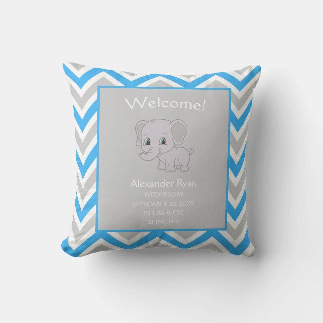 Baby Boy Elephant Chevron Birth Stats Keepsake Cushion (Front)