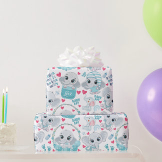 Baby Boy Elephant Cute Blue Baby Shower Baptism  Wrapping Paper